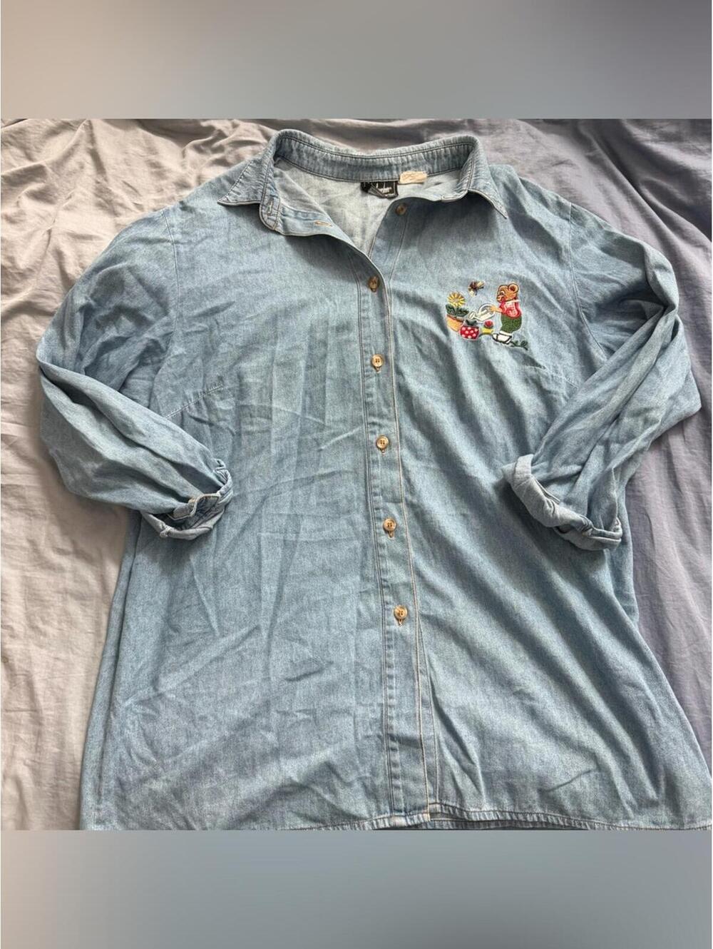 Vintage Woodpecker Embroidered Teddy Bear Denim Shirt Button Up Grandmacore XL